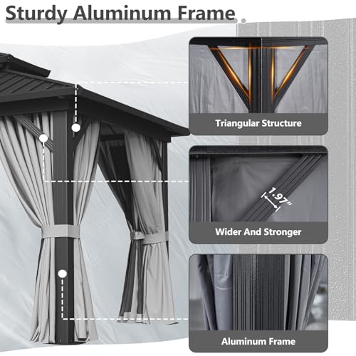 Aoxun 10Ft x 14Ft Hardtop Gazebo Aluminum Outdoor Pavilion with Netting and Curtains Gray