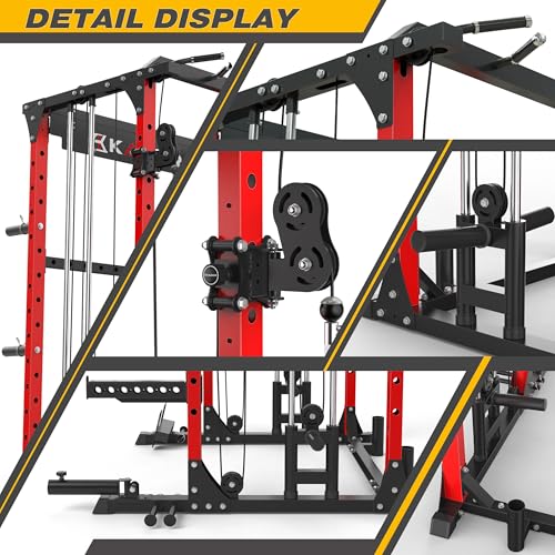 KABOR Power Cage 1800lbs Multi-Functional Power Rack with Dual Pulley System and Leg Holder TL100 Red