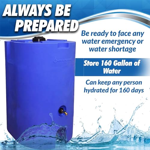 WaterPrepared 160 Gallon Stackable Utility Water Tank with Large Cap and 2 Spigots Blue