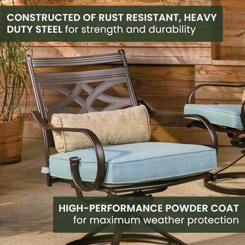 Hanover Montclair 7-Piece Outdoor Dining Set with 6 Swivel Rockers and Blue Cushions