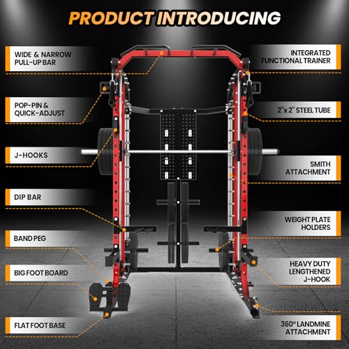 Hipicute Power Cage Smith Machine 2400 LBS All-in-One Red