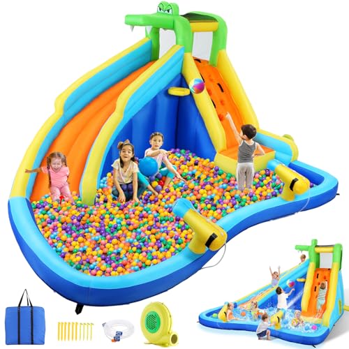 Whubefy Inflatable Water Slide Park 6-in-1 with Blower Blue/Yellow/Orange/Green