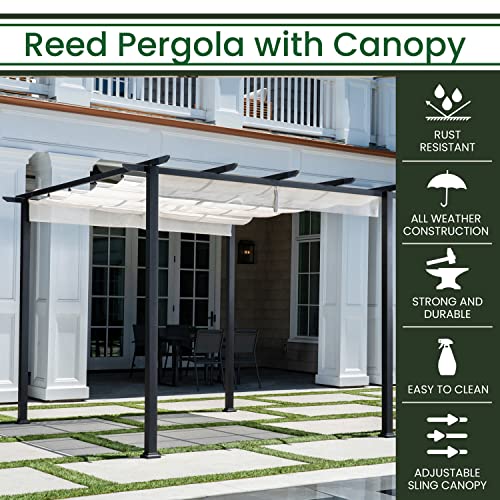 Hanover Reed Outdoor Pergola with Adjustable Sling Canopy Gray 9.8' x 9.8' x 7.6'