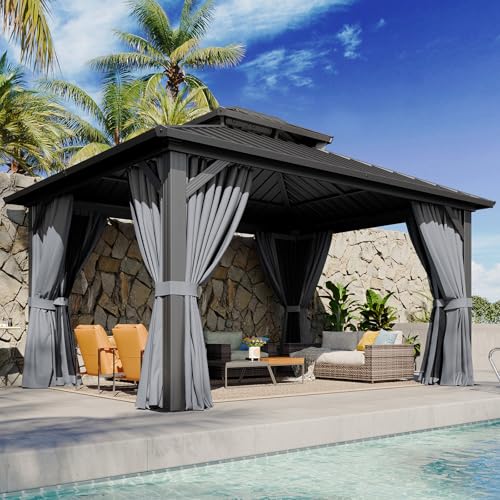 Aoxun 12Ft x 14Ft Hardtop Gazebo with Breathable Netting and Curtains Gray