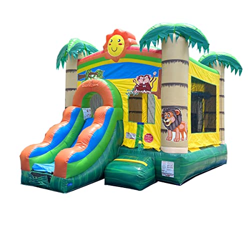 Pogo Bounce House Inflatable Jungle Castle with Slide Tropical Smiley Face