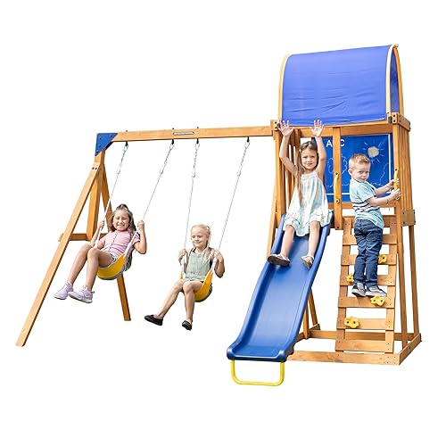 Sportspower Augusta Wooden Swing Set with Slide Yellow/Blue
