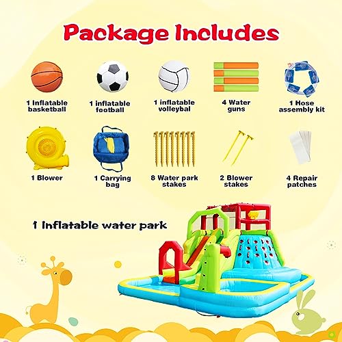 WELLFUNTIME Inflatable Water Slide Park with Splash Pool, Climbing Wall, Sport Balls, Water Guns, and Air Blower