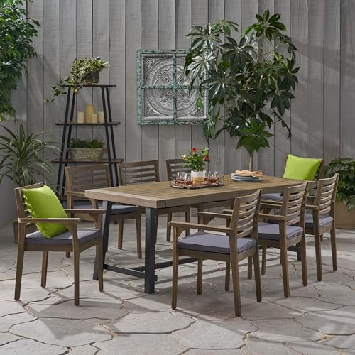 Christopher Knight Home Atlantic Outdoor Acacia Wood and Iron 9 Piece Dining Set Gray Black Dark Gray