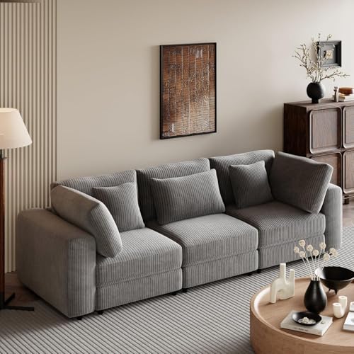 Merax 105" Comfy 3-Seater Sofa with Removable Back Cushions and 5 Pillows Grey