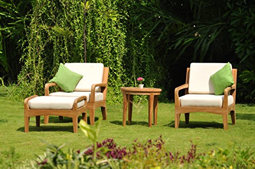 WholesaleTeakFurniture Noida Grade-A Teak Wood Lounge Set - 4pc Chair Set with 2 Lounge Chairs, 1 Ottoman, 1 Round End Table