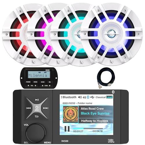 Enrock Marine 4" Color LCD Bluetooth Stereo Receiver with Remote & 4x 6.5" 300W RGB LED Speakers White LED