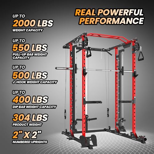 STMHOM Power Cage with Smithbar, 2000 Lbs Power Rack, Cable Crossover System, Black/Smithbar Red