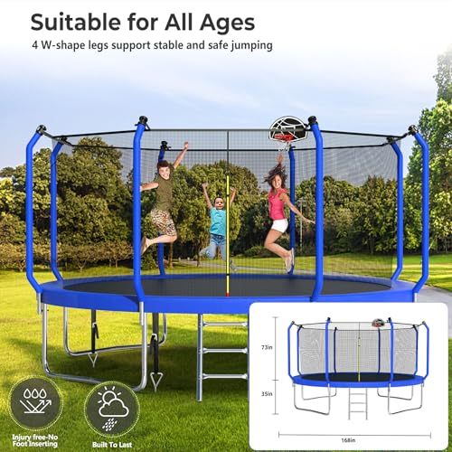 Lyromix 14FT Outdoor Trampoline with Basketball Hoop & Net Navy Blue
