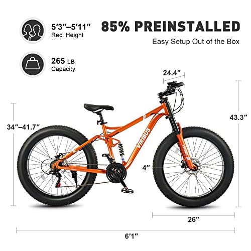 Viribus Fat Tire Bike Mens Mountain Bike Full Suspension Shimano 21 Speed Aluminium Alloy Frame 26" MTB Adult Bike Orange