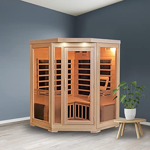 Heat Wave 3 Person Sauna Corner Fitting Infrared FIR FAR 7 Carbon Heaters Hemlock Wood MP3 Player 2 Speakers Color Therapy Light LED Control Panel Wood