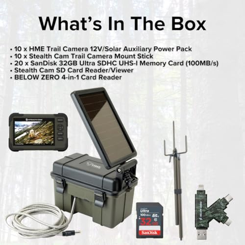 Stealth Cam HME Trail Camera 12V Solar Power Pack Bundle with 10x SD Card Reader, 10x Mount Stick, 20x 32GB Memory Cards