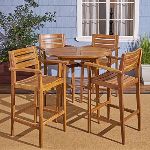 Great Deal Furniture GDFStudio Bar-Height Table Set Solid Acacia Wood Frames Includes 4 Bar Stools Teak Finish