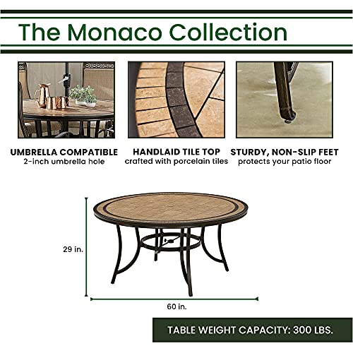 Hanover Monaco 7-Piece Outdoor Patio Dining Set with 6 Cushioned Swivel Rocker Chairs, 60" Round Table, Umbrella & Base, Tan