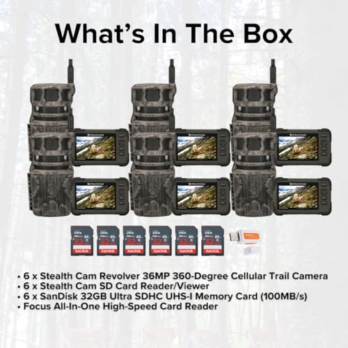 Stealth Cam Revolver 36MP 360-Degree Cellular Trail Camera Bundle with SD Card Reader and 32GB Memory Card (6-Pack)
