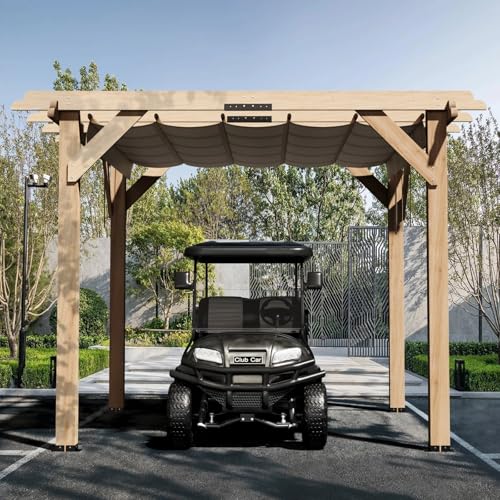 SunnyFurn 10x12 Ft Cedar Wood Pergola with Retractable Shade Canopy Natural