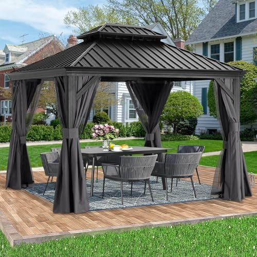 ABCCANOPY Hardtop Gazebo 10x12 Outdoor Metal Pavilion with Netting and Curtain Dark Gray