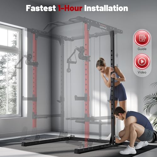 ARMAC 1500lbs Multi-Function Power Rack with Adjustable Cable Crossover Black+Red 01