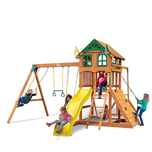 Gorilla Playsets Outing Wood Swing Set with Roof & Monkey Bars Amber