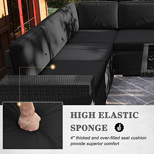 Vakollia 7-Piece Patio Furniture Set with 44" Propane Fire Pit Table, Outdoor Wicker Sofa Sets A2/Black-Black