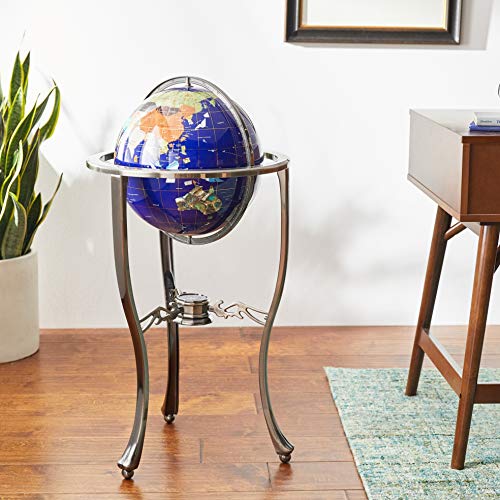 Unique Art Since 1996 Floor Standing Blue Lapis Gemstone World Globe 36x13 Inch with Silver Tripod