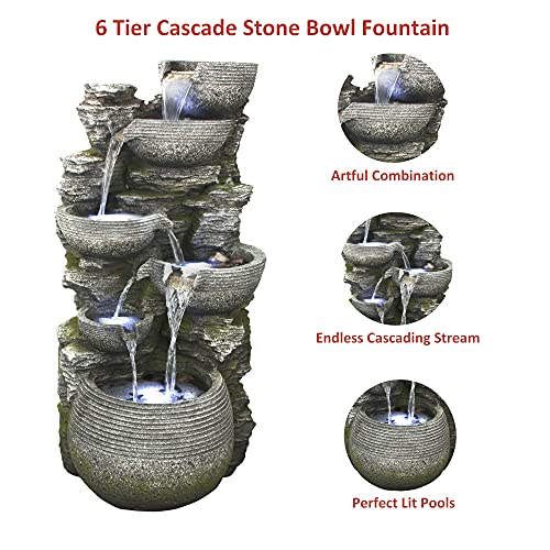 Litedeer Homes Cascading Stone Water Fountain with LED Lights 40-Inch Gray