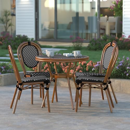 EMMA + OLIVER Colmar Indoor/Outdoor Bistro Set Black & White Rattan/Natural Frame