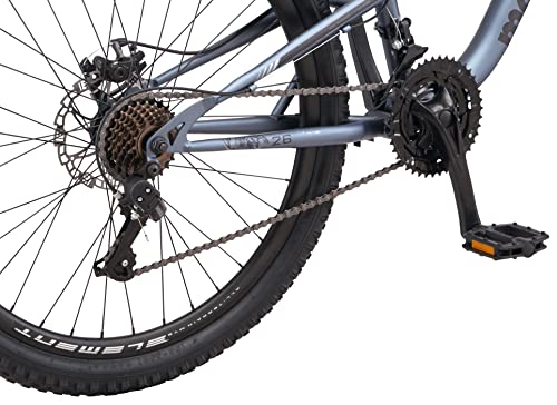 Mongoose Status Mountain Bike 26-Inch Wheels 21 Speed Trigger Shifters Aluminum Frame Dual Suspension Front and Rear Disc Brakes Slate Blue