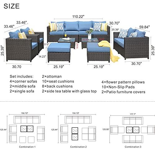 Oviros 12-Piece Patio Furniture Set Outdoor Wicker Rattan Sofa Brown Wicker, Blue