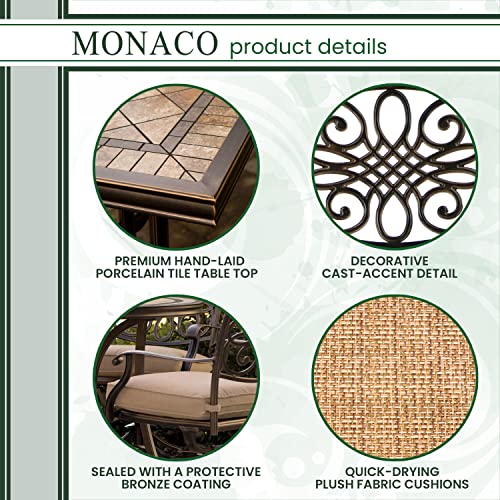 Hanover Monaco 5-Piece Outdoor Patio Dining Set with 4 Cushioned Swivel Rocker Chairs and 51" Round Tile-Top Table, Brushed Bronze Finish Tan