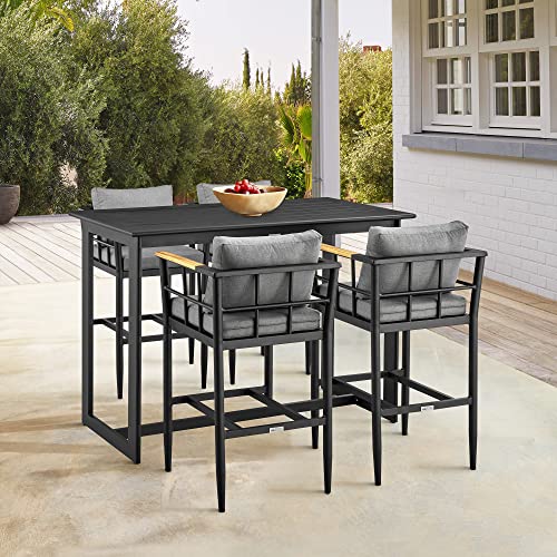 Armen Living Wiglaf Modern Outdoor Patio Bar Table and Stools Set 5 Piece Black