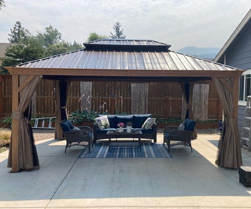 Domi Outdoor Living 12’ x 16’ Hardtop Gazebo Aluminum Wood Grain with Double Canopy Wood-Looking