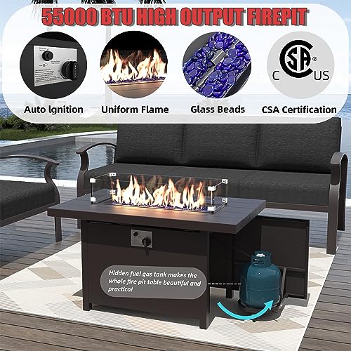 Kurapika 8-Piece Aluminum Patio Furniture Set with Propane Fire Pit Table, Modern Outdoor Sectional Sofa, Sand