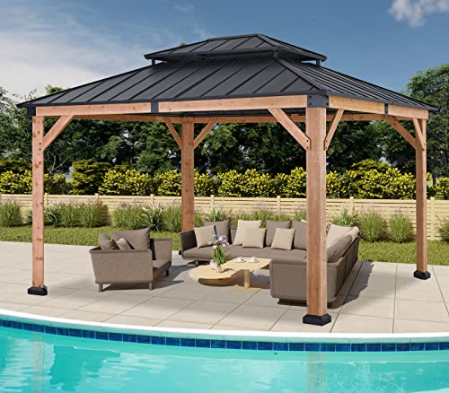 ABCCANOPY Wood Gazebo 11x13 Black - Outdoor Patio Wooden Gazebo with Hardtop Metal Double Roof