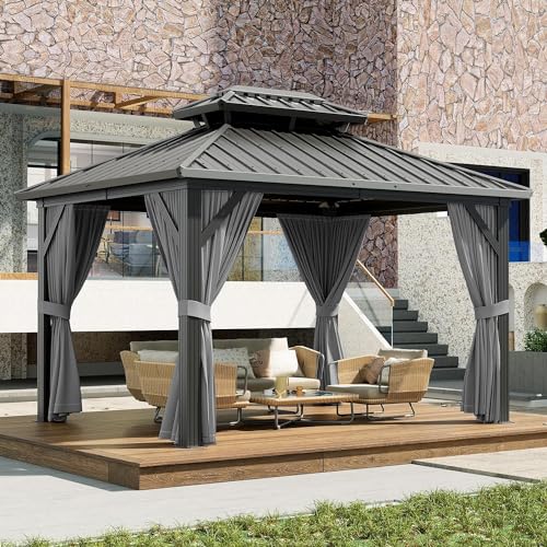 GAOMON 12x14ft Hardtop Gazebo Heavy Duty Double Roof Outdoor Garden Gray