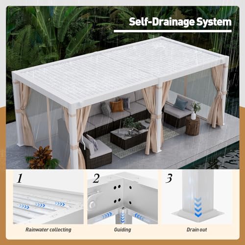 COSIEST 10'x20' Outdoor Louvered Pergola with Adjustable Roof, Netting & Curtains, Hardtop Gazebo Sun Shade White