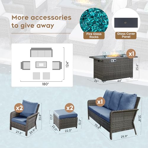 Yechen Patio Conversation Set with 44" Propane Fire Pit Table - 6 Pcs Blue Wicker Outdoor Furniture