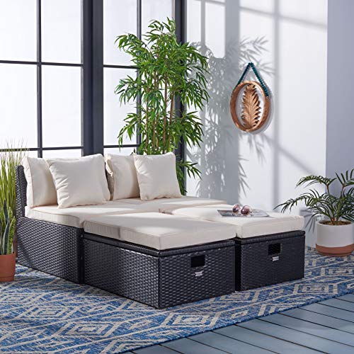 Safavieh Outdoor Collection Pramla Cushion Settee & Ottoman Set of 2 Black/Light Grey