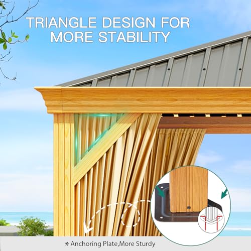 Euker 12x20 FT Outdoor Hardtop Gazebo Heavy-Duty Galvanized Steel Double Roof with Netting and Sunshade Curtains Wood Grain