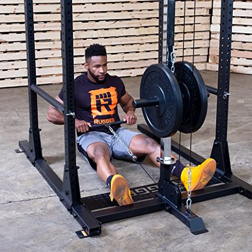 Rugged Strength & Fitness Power Rack with Lat Attachment & Heavy Duty Flat-Incline Bench Black