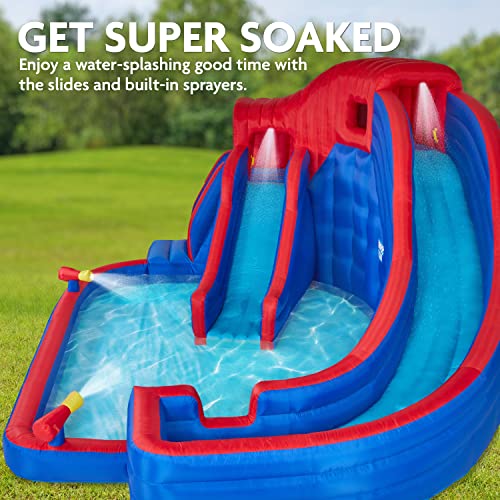 SUNNY & FUN Deluxe Adventure Inflatable Water Slide Park - Climbing Wall, 2 Slides & Splash Pool
