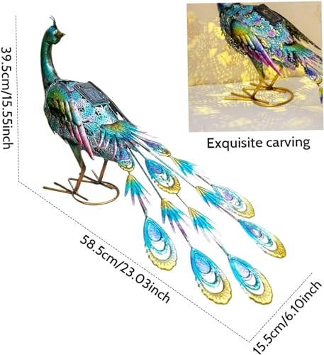 GeRRiT Metal Peacock Statue with Solar LED Lights 23.03x6.10x15.55inch