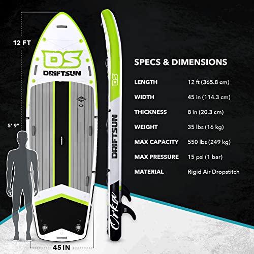 Driftsun Inflatable Paddle Board 12ft Extra Wide SUP Package Green