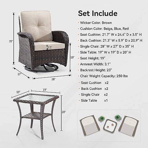 Gardenbee Patio Swivel Glider Wicker Chairs Set of 4 with 2 Side Tables Brown/Beige