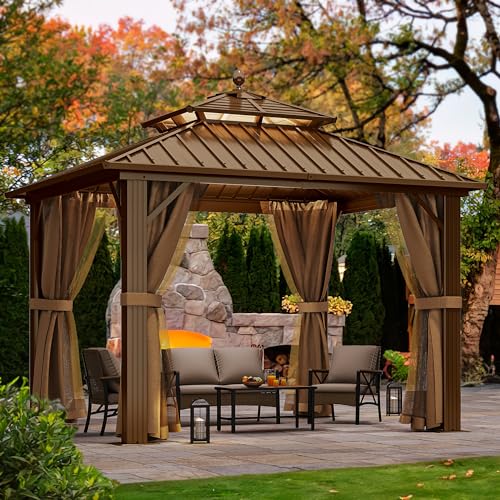 YITAHOME 10x10ft Hardtop Gazebo with Nettings and Curtains Bronze