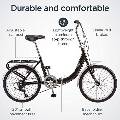 Schwinn Loop Adult Folding Bike 20-inch Wheels 7-Speed Drivetrain Rear Cargo Rack Carrying Bag Black